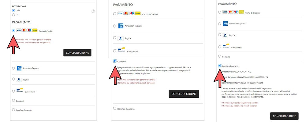 Pagamento con carta, contanti o bonifico