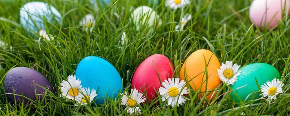 Caccia alle uova di Pasqua in un prato fiorito