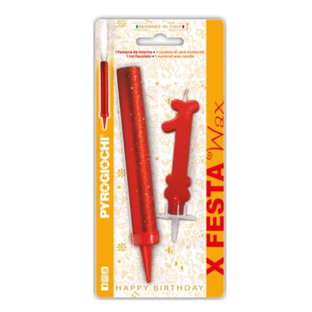 Fontana pirotecnica per torte Pyrogiochi con candela in cera numero 1 rossa
