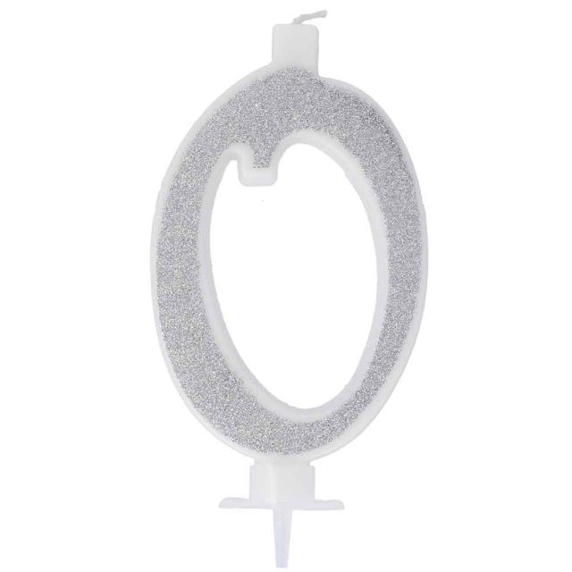 Candelina compleanno numeri 0 zero in cera glitter argento h 13 cm