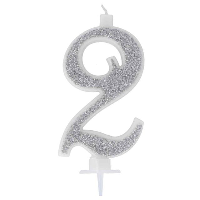 Candelina compleanno numeri 2 due in cera glitter argento h 13 cm