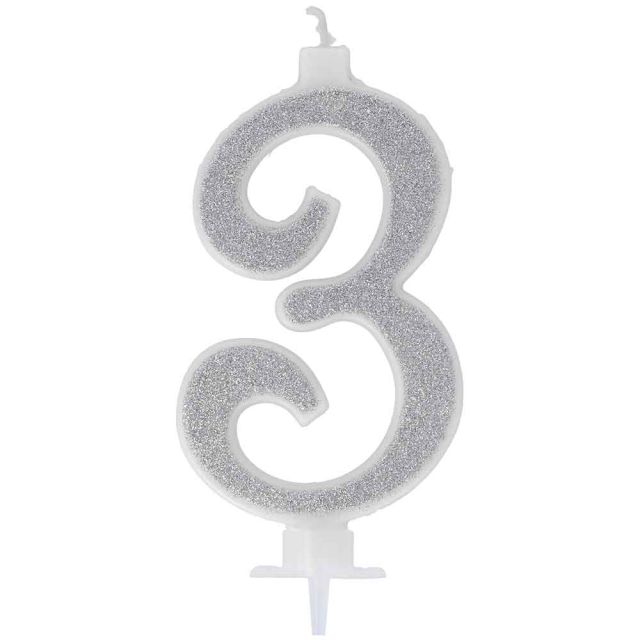 Candelina compleanno numeri 3 tre in cera glitter argento h 13 cm
