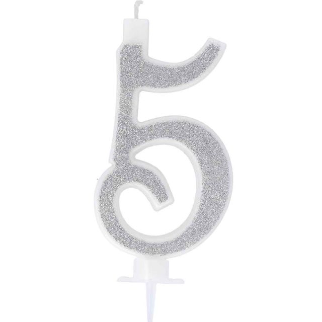 Candelina compleanno numero 5 cinque in cera glitter argento h 13 cm