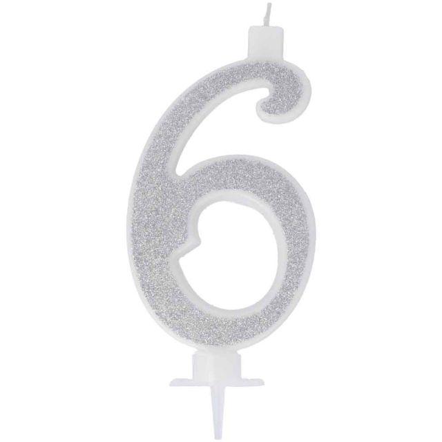 Candelina compleanno numero 6 sei in cera glitter argento h 13 cm