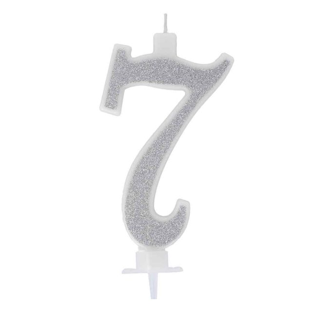 Candelina compleanno numero 7 sette in cera glitter argento h 13 cm