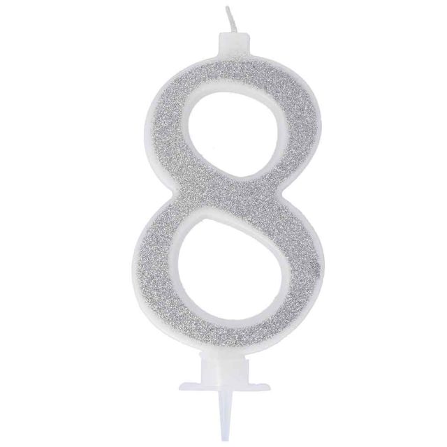 Candelina compleanno numero 8 otto in cera glitter argento h 13 cm