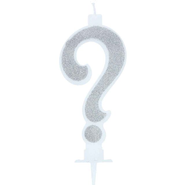Candelina compleanno in cera simbolo punto interrogativo argentata h 13 cm