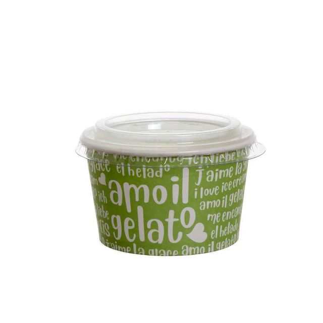 100 Coppette gelato in carta Funny verde 250ml con coperchio piatto