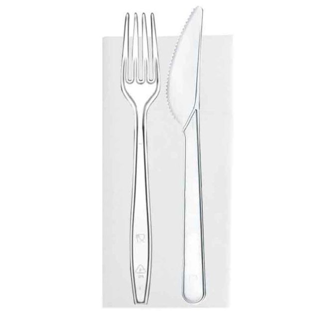 100 Bis Posate trasparenti lavabili riutilizzabili imbustate con tovagliolo 33x33 cm