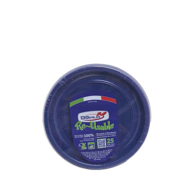 25 Piattini di plastica riutilizzabili e lavabili blu Ø17 cm DOpla