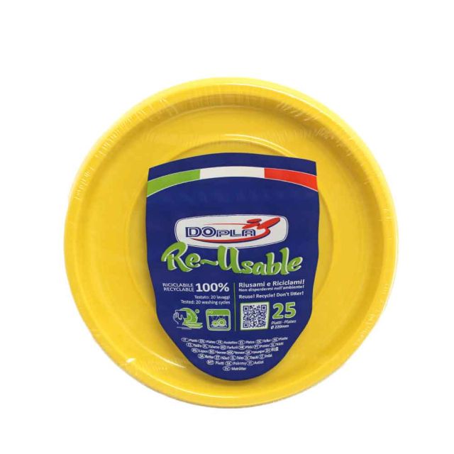 25 Piatti di plastica colorati lavabili riutilizzabili gialli Ø22 cm DOpla