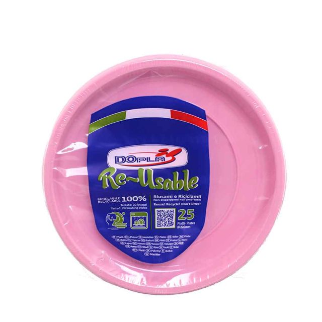 25 Piatti di plastica colorati lavabili riutilizzabili rosa Ø22 cm DOpla