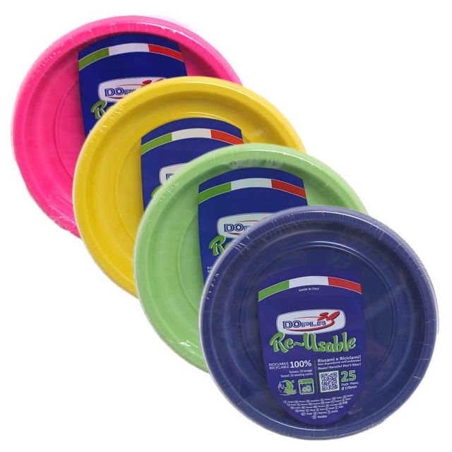 25 Piattini di plastica riutilizzabili e lavabili colorati Ø17 cm DOpla