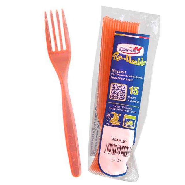 15 Forchette di plastica arancio fluo lavabili riutilizzabili DOpla