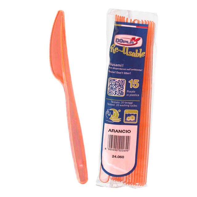 15 Coltelli di plastica arancioni lavabili e riutilizzabili DOpla