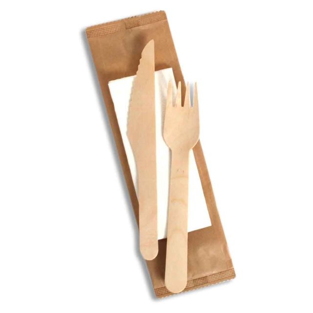50 Bis posate di legno di betulla imbustate con tovagliolo