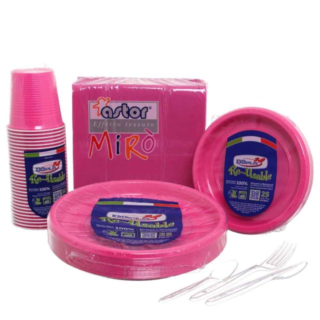 Set completo da tavola in plastica fucsia per 20 persone