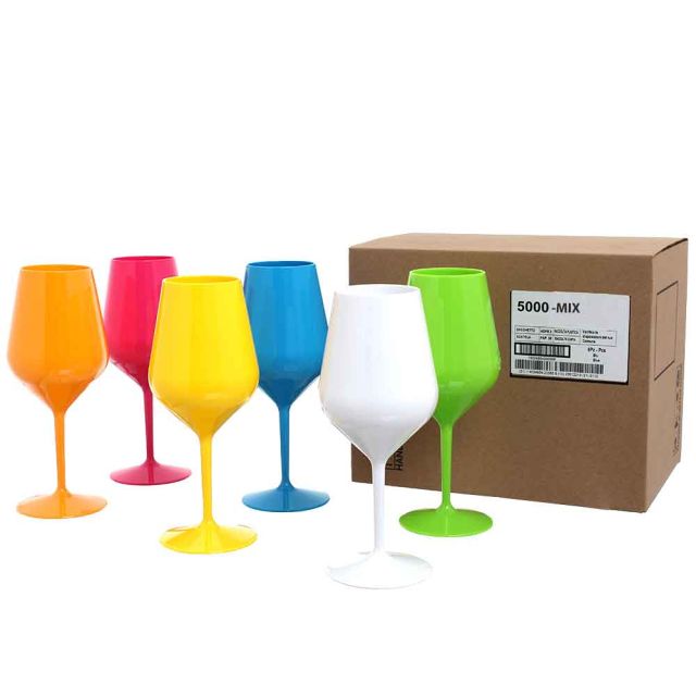 Set 6 Bicchieri Calici da vino e Cocktail colori assortiti infrangibili lavabili 470cc