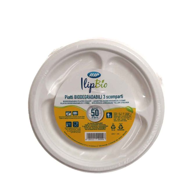 50 Piatti piani in polpa di cellulosa Ilip Biodegradabili 3 scomparti Ø23 cm