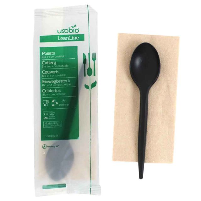 400 Cucchiai compostabili monouso neri imbustati con tovagliolo