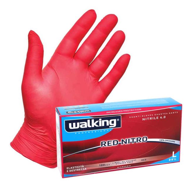 100 Guanti monouso in nitrile rossi Walking Red Nitro taglia XL 9-9,5