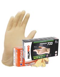 Guanto indossato in lattice monouso Satinex colore ambra