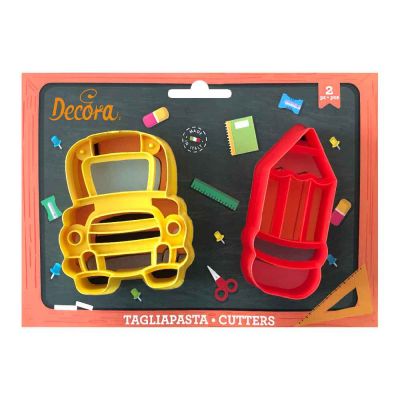 Set 2 Cutters Tagliapasta in plastica con pulmino scuola e matitone