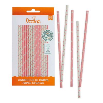 80 Cannucce biodegradabili in carta stelle righe e pois rosa 21 cm Ø6 mm