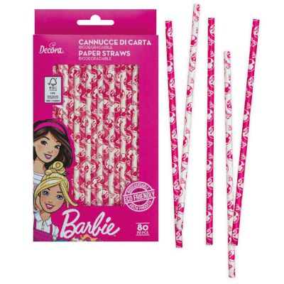 Confezione 80 Cannucce di carta colorate Barbie 21cm