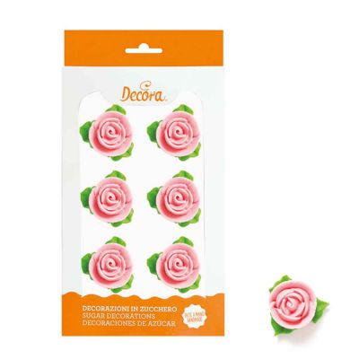 6 Decorazioni Rose rosa con foglie verdi in zucchero Decora