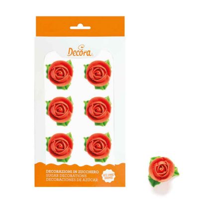 6 Decorazioni Rose rosse con foglie verdi in zucchero Decora