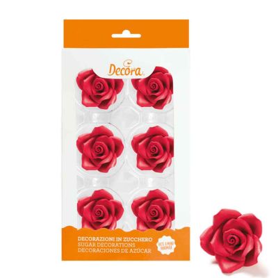 6 Decorazioni Rose grandi rosse in zucchero Decora