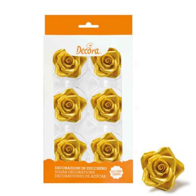 6 Decorazioni Rose grandi oro in zucchero Decora