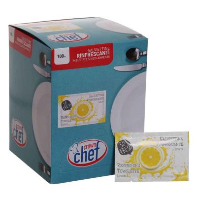 Dispenser 100 Salviettine umidificate per mani al limone imbustate singolarmente
