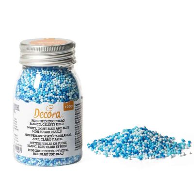 Perline di zucchero colore bianco celeste e blu mix per decorazione 100 g Decora