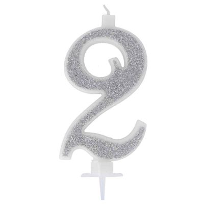 Candelina compleanno numeri 2 due in cera glitter argento h 13 cm 