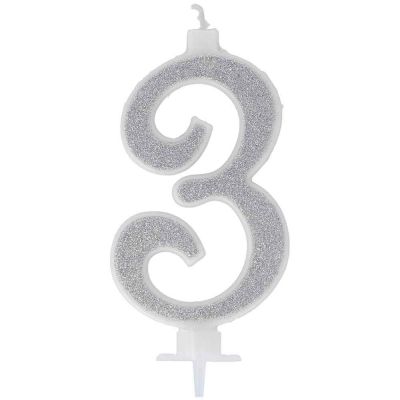 Candelina compleanno numeri 3 tre in cera glitter argento h 13 cm 