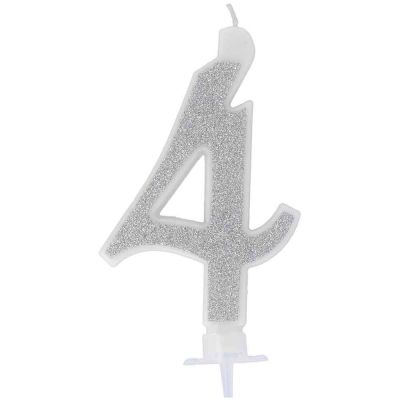 Candelina compleanno numero 4 quattro in cera glitter argento h 13 cm 