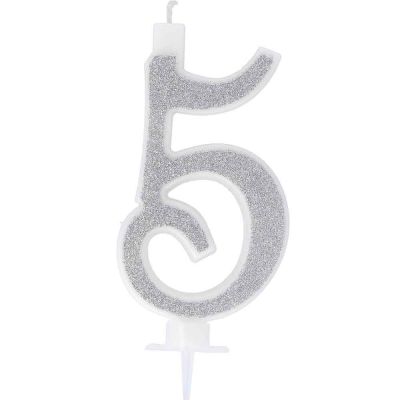 Candelina compleanno numero 5 cinque in cera glitter argento h 13 cm 