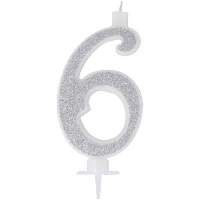 Candelina compleanno numero 6 sei in cera glitter argento h 13 cm 