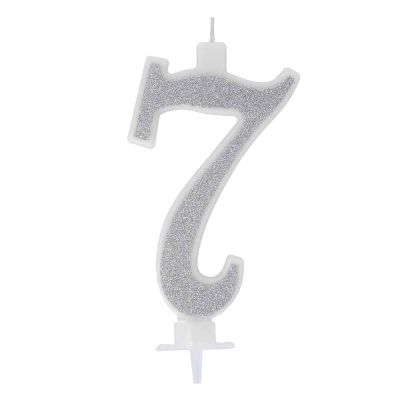 Candelina compleanno numero 7 sette in cera glitter argento h 13 cm 
