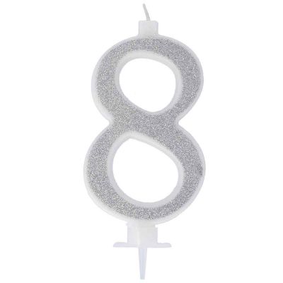 Candelina compleanno numero 8 otto in cera glitter argento h 13 cm 