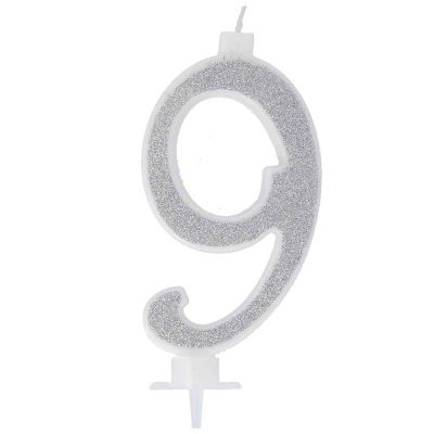 Candelina compleanno numero 9 nove in cera glitter argento h 13 cm 