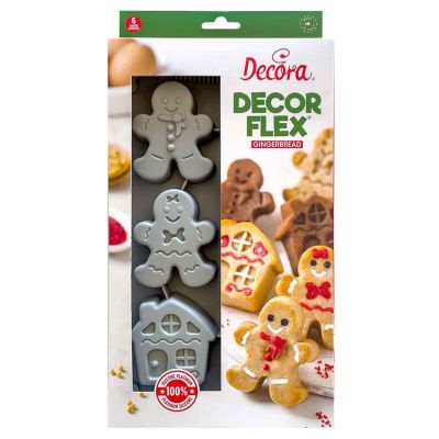 Stampo antiaderente in silicone per 6 casette e omini Gingerbread Decora