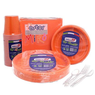 Set completo da tavola in plastica lavabile arancio per 50 persone