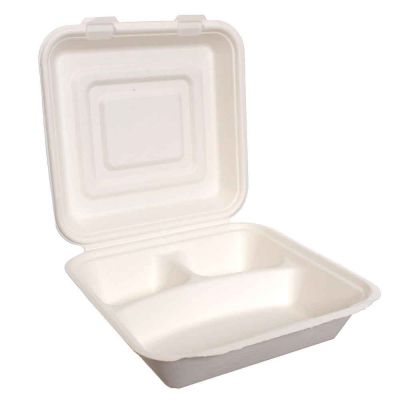 25 Box con coperchio per asporto 3 scomparti compostabili 24x24xh8cm