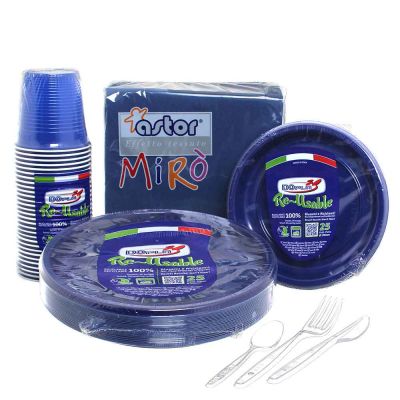 Set completo da tavola in plastica lavabile blu per 20 persone