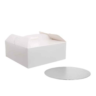 Scatola per torta quadrata con manico bianca 26 x 26 x h 10 cm sottotorta Ø 25 cm