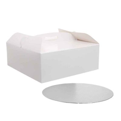 Scatola per torta quadrata con manico bianca 36 x 36 x h 12 cm sottotorta Ø 35,5 cm