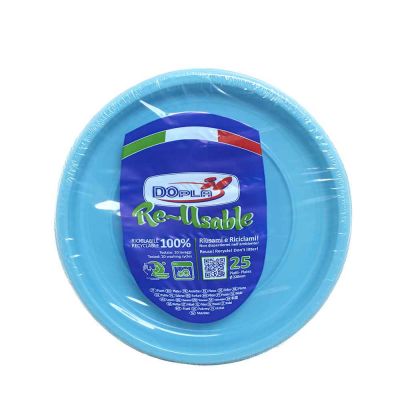 25 Piatti di plastica colorati lavabili riutilizzabili azzurri Ø22 cm DOpla